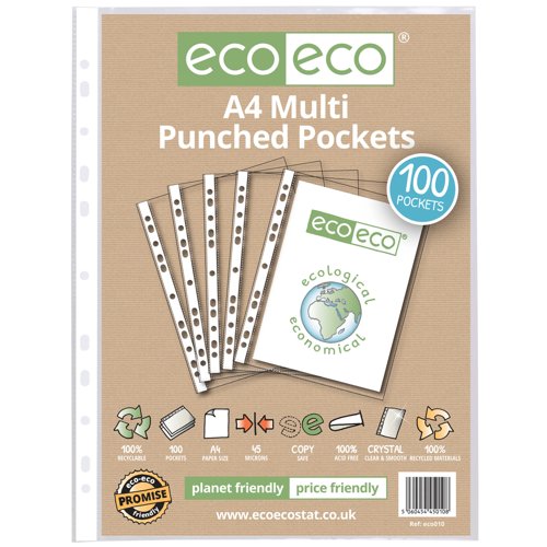 Eco Eco A4 100% Recycled Bag Multi Punched Pockets - Pack of 25, A5 100% Recycled Bag Multi Punched Pockets - Pack of 25, A4 100% Recycled Bag Multi Punched Pockets - Pack of 50, A4 100% Recycled Bag Multi Punched Pockets - Pack of 100