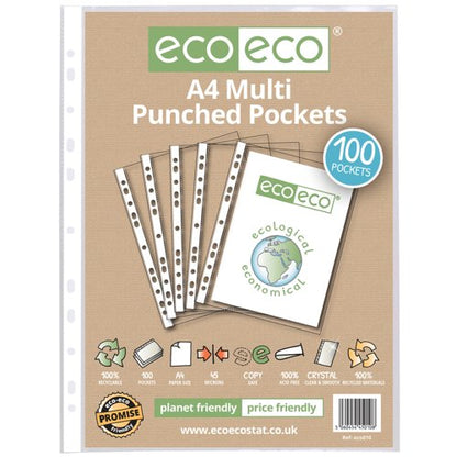 Eco Eco A4 100% Recycled Bag Multi Punched Pockets - Pack of 25, A5 100% Recycled Bag Multi Punched Pockets - Pack of 25, A4 100% Recycled Bag Multi Punched Pockets - Pack of 50, A4 100% Recycled Bag Multi Punched Pockets - Pack of 100