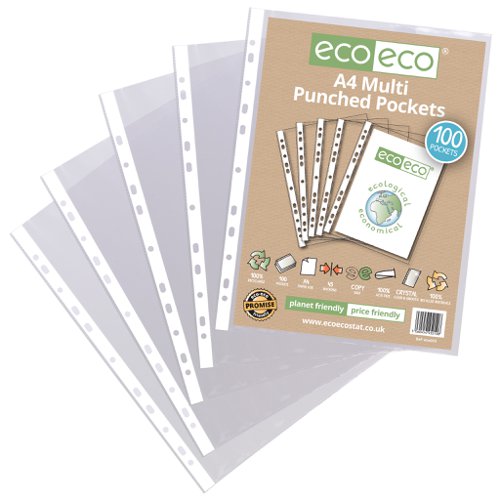 Eco Eco A4 100% Recycled Bag Multi Punched Pockets - Pack of 25, A5 100% Recycled Bag Multi Punched Pockets - Pack of 25, A4 100% Recycled Bag Multi Punched Pockets - Pack of 50, A4 100% Recycled Bag Multi Punched Pockets - Pack of 100