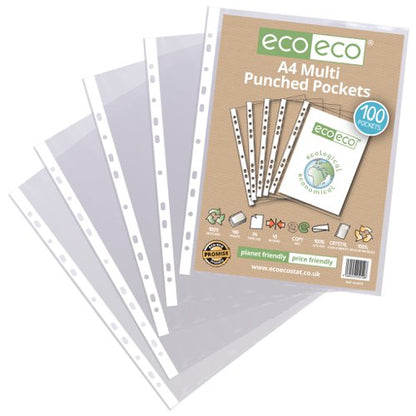 Eco Eco A4 100% Recycled Bag Multi Punched Pockets - Pack of 25, A5 100% Recycled Bag Multi Punched Pockets - Pack of 25, A4 100% Recycled Bag Multi Punched Pockets - Pack of 50, A4 100% Recycled Bag Multi Punched Pockets - Pack of 100