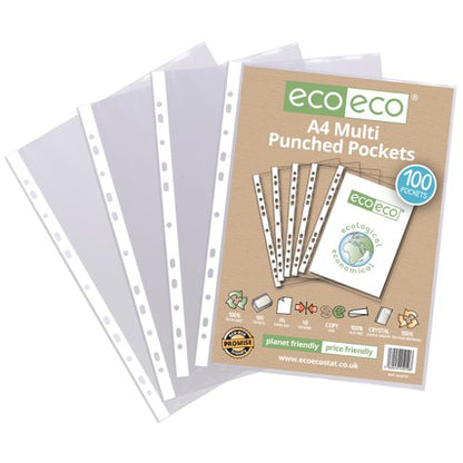 Eco Eco A4 100% Recycled Bag Multi Punched Pockets - Pack of 25, A5 100% Recycled Bag Multi Punched Pockets - Pack of 25, A4 100% Recycled Bag Multi Punched Pockets - Pack of 50, A4 100% Recycled Bag Multi Punched Pockets - Pack of 100