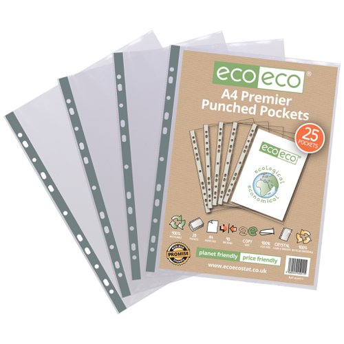 Eco Eco A4 100% Recycled Bag Premier Multi Punched Pockets - Pack of 25, A4 100% Recycled Bag Premier Multi Punched Pockets - Pack of 100, A5 100% Recycled Bag Premier Multi Punched Pockets - Pack of 25