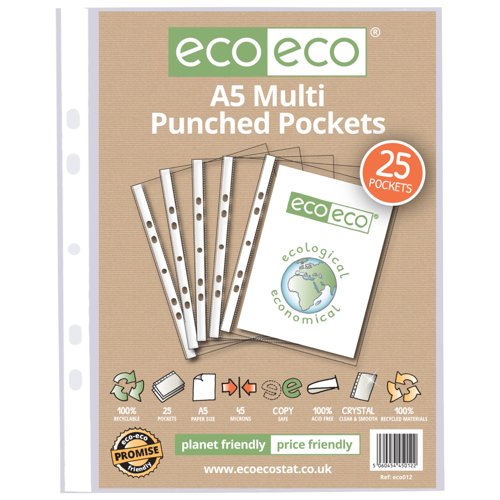 Eco Eco A4 100% Recycled Bag Multi Punched Pockets - Pack of 25, A5 100% Recycled Bag Multi Punched Pockets - Pack of 25, A4 100% Recycled Bag Multi Punched Pockets - Pack of 50, A4 100% Recycled Bag Multi Punched Pockets - Pack of 100