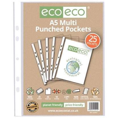 Eco Eco A4 100% Recycled Bag Multi Punched Pockets - Pack of 25, A5 100% Recycled Bag Multi Punched Pockets - Pack of 25, A4 100% Recycled Bag Multi Punched Pockets - Pack of 50, A4 100% Recycled Bag Multi Punched Pockets - Pack of 100