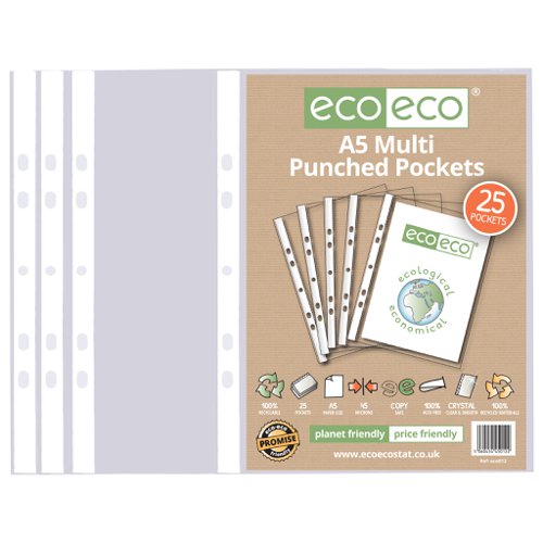 Eco Eco A4 100% Recycled Bag Multi Punched Pockets - Pack of 25, A5 100% Recycled Bag Multi Punched Pockets - Pack of 25, A4 100% Recycled Bag Multi Punched Pockets - Pack of 50, A4 100% Recycled Bag Multi Punched Pockets - Pack of 100