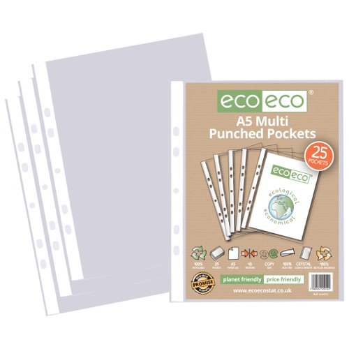 Eco Eco A4 100% Recycled Bag Multi Punched Pockets - Pack of 25, A5 100% Recycled Bag Multi Punched Pockets - Pack of 25, A4 100% Recycled Bag Multi Punched Pockets - Pack of 50, A4 100% Recycled Bag Multi Punched Pockets - Pack of 100