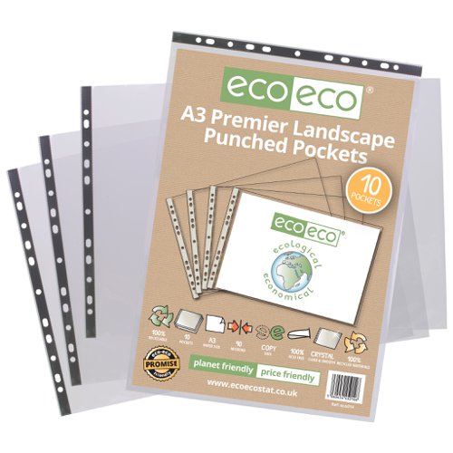 Eco Eco A3 100% Recycled Bag Multi Punched Pockets - Pack of 10