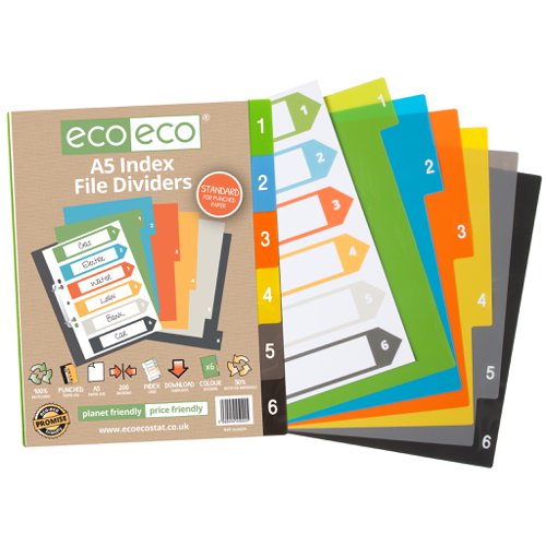 Eco Eco A5 50% Recycled Index File Dividers - 1 Set of 6, A4 50% Recycled Index File Dividers - 1 Set of 6, A4 50% Recycled Index File Dividers - 1 Set of 12