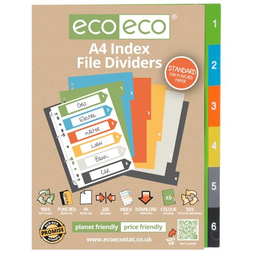 Eco Eco A5 50% Recycled Index File Dividers - 1 Set of 6, A4 50% Recycled Index File Dividers - 1 Set of 6, A4 50% Recycled Index File Dividers - 1 Set of 12