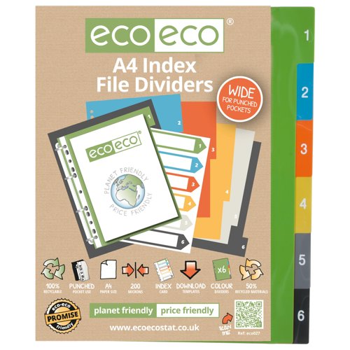 Eco Eco A4 50% Recycled Wide Index File Dividers - 1 Set of 12, 6