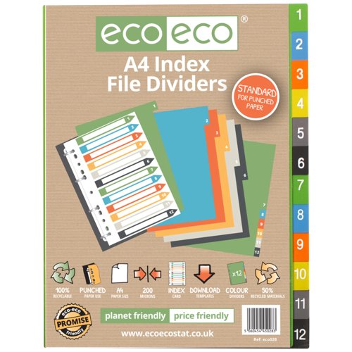 Eco Eco A5 50% Recycled Index File Dividers - 1 Set of 6, A4 50% Recycled Index File Dividers - 1 Set of 6, A4 50% Recycled Index File Dividers - 1 Set of 12