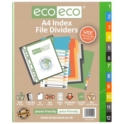 Eco Eco A4 50% Recycled Wide Index File Dividers - 1 Set of 12, 6