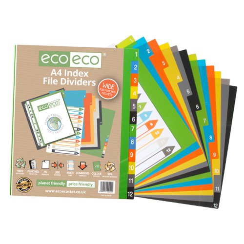 Eco Eco A4 50% Recycled Wide Index File Dividers - 1 Set of 12, 6