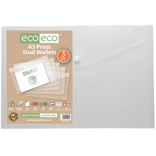 Eco Eco A5, A4+, A3 95% Recycled Press Stud Wallets - Pack of 5
