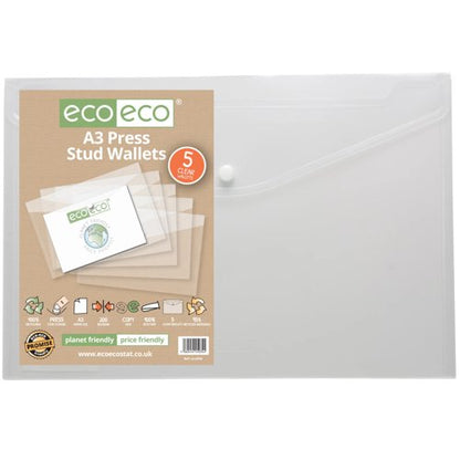 Eco Eco A5, A4+, A3 95% Recycled Press Stud Wallets - Pack of 5