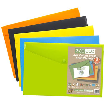 Eco Eco A4+, A5, A7, A6, A3 50% Recycled Colour Press Stud Wallets - Pack of 5