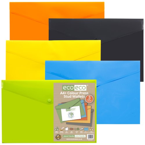 Eco Eco A4+, A5, A7, A6, A3 50% Recycled Colour Press Stud Wallets - Pack of 5