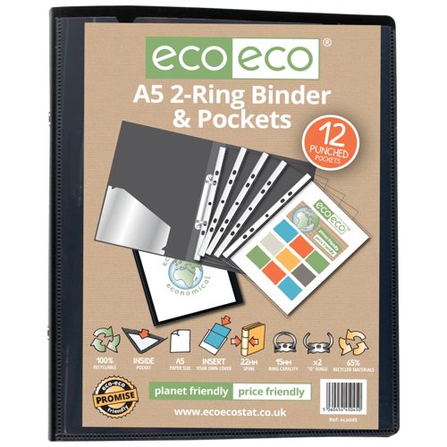 Eco Eco A5, A4 65% Recycled Ring Binder with 12 Multi Punched Pockets - Single
