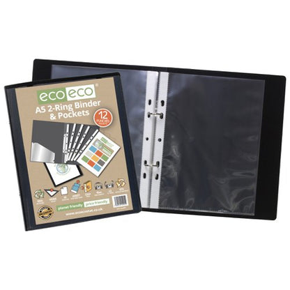 Eco Eco A5, A4 65% Recycled Ring Binder with 12 Multi Punched Pockets - Single