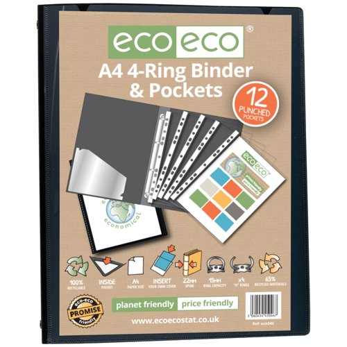 Eco Eco A5, A4 65% Recycled Ring Binder with 12 Multi Punched Pockets - Single
