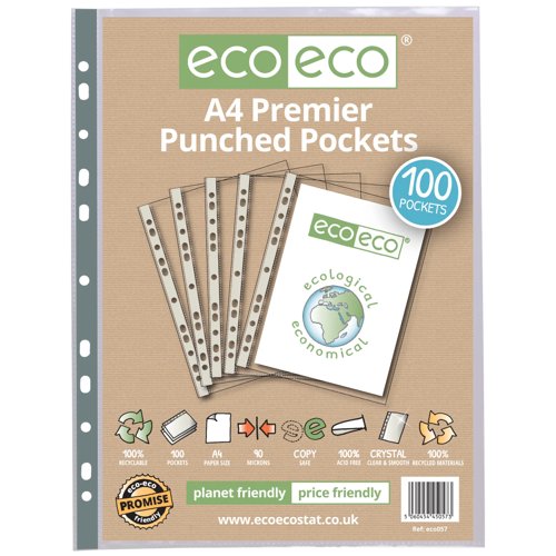 Eco Eco A4 100% Recycled Bag Premier Multi Punched Pockets - Pack of 25, A4 100% Recycled Bag Premier Multi Punched Pockets - Pack of 100, A5 100% Recycled Bag Premier Multi Punched Pockets - Pack of 25