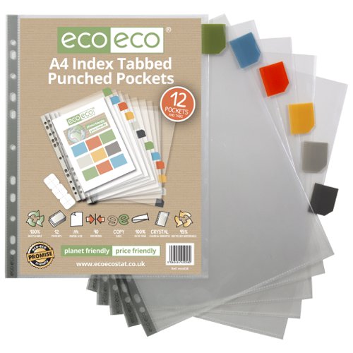 Eco Eco A4 95% Recycled Index Tabbed Premier Punched Pockets - 1 Set of 12