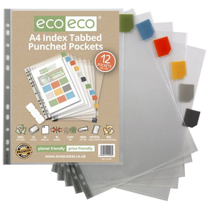 Eco Eco A4 95% Recycled Index Tabbed Premier Punched Pockets - 1 Set of 12