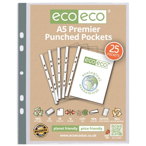 Eco Eco A4 100% Recycled Bag Premier Multi Punched Pockets - Pack of 25, A4 100% Recycled Bag Premier Multi Punched Pockets - Pack of 100, A5 100% Recycled Bag Premier Multi Punched Pockets - Pack of 25