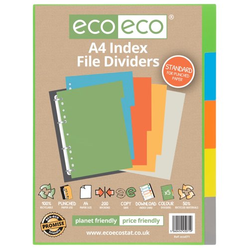 Eco Eco A4 50% Recycled Index File Dividers - 1 Set of 5, 10