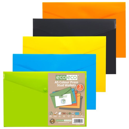 Eco Eco A4+, A5, A7, A6, A3 50% Recycled Colour Press Stud Wallets - Pack of 5