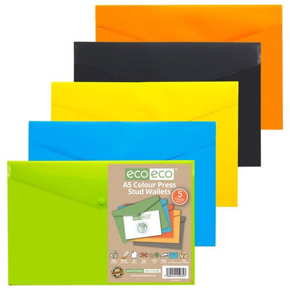 Eco Eco A4+, A5, A7, A6, A3 50% Recycled Colour Press Stud Wallets - Pack of 5