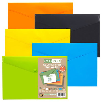 Eco Eco A4+, A5, A7, A6, A3 50% Recycled Colour Press Stud Wallets - Pack of 5