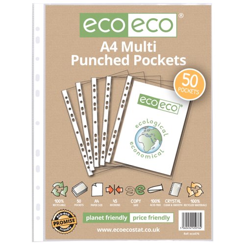 Eco Eco A4 100% Recycled Bag Multi Punched Pockets - Pack of 25, A5 100% Recycled Bag Multi Punched Pockets - Pack of 25, A4 100% Recycled Bag Multi Punched Pockets - Pack of 50, A4 100% Recycled Bag Multi Punched Pockets - Pack of 100