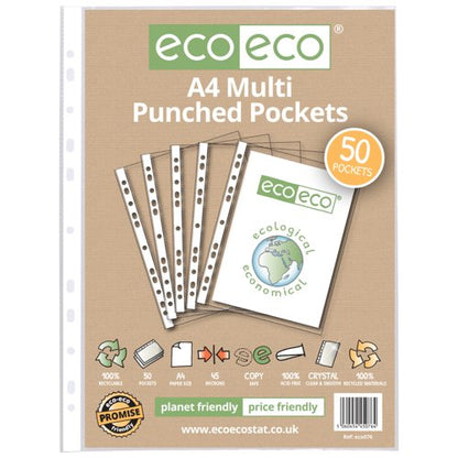 Eco Eco A4 100% Recycled Bag Multi Punched Pockets - Pack of 25, A5 100% Recycled Bag Multi Punched Pockets - Pack of 25, A4 100% Recycled Bag Multi Punched Pockets - Pack of 50, A4 100% Recycled Bag Multi Punched Pockets - Pack of 100