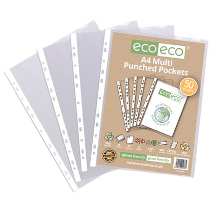 Eco Eco A4 100% Recycled Bag Multi Punched Pockets - Pack of 25, A5 100% Recycled Bag Multi Punched Pockets - Pack of 25, A4 100% Recycled Bag Multi Punched Pockets - Pack of 50, A4 100% Recycled Bag Multi Punched Pockets - Pack of 100