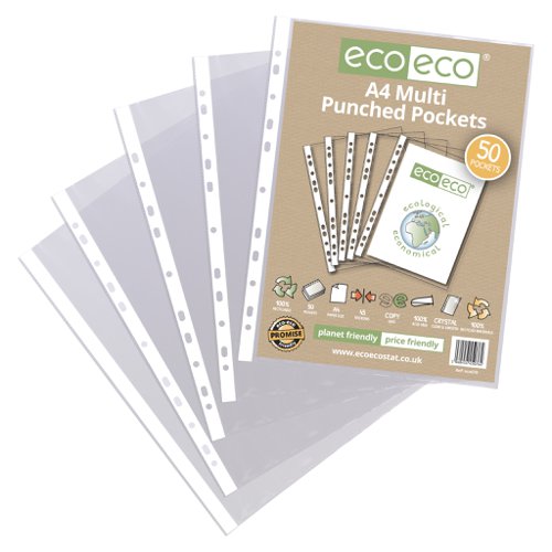 Eco Eco A4 100% Recycled Bag Multi Punched Pockets - Pack of 25, A5 100% Recycled Bag Multi Punched Pockets - Pack of 25, A4 100% Recycled Bag Multi Punched Pockets - Pack of 50, A4 100% Recycled Bag Multi Punched Pockets - Pack of 100