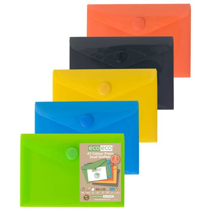 Eco Eco A4+, A5, A7, A6, A3 50% Recycled Colour Press Stud Wallets - Pack of 5