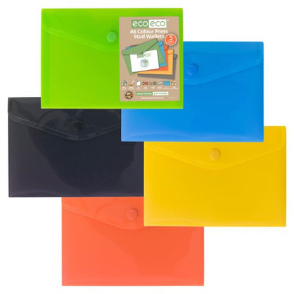 Eco Eco A4+, A5, A7, A6, A3 50% Recycled Colour Press Stud Wallets - Pack of 5