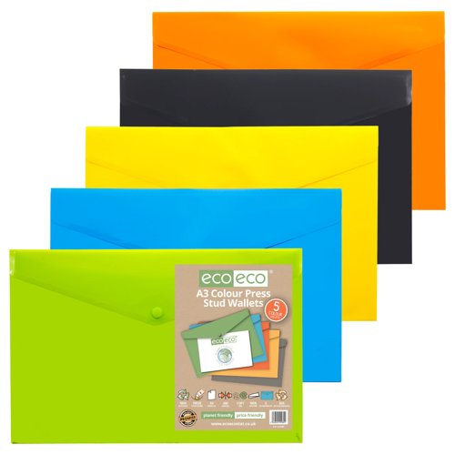 Eco Eco A4+, A5, A7, A6, A3 50% Recycled Colour Press Stud Wallets - Pack of 5