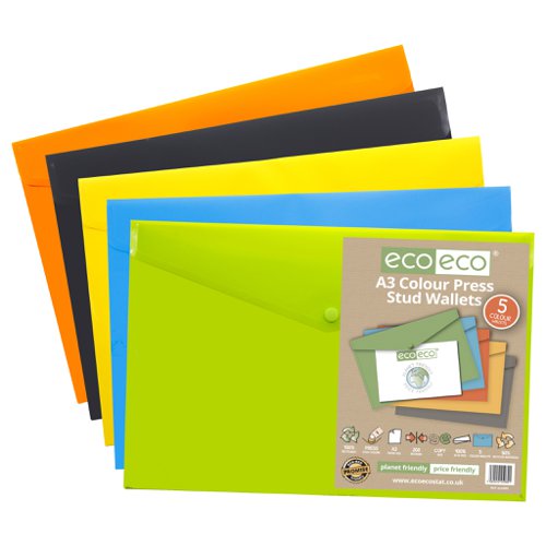 Eco Eco A4+, A5, A7, A6, A3 50% Recycled Colour Press Stud Wallets - Pack of 5