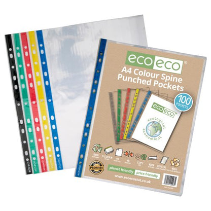Eco Eco A4 100% Recycled Bag Colour Spine Multi Punched Pockets - Pack of 100