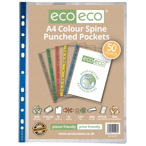 A4 100% Recycled Colour Spine Multi Punched Pockets - Pack of 50, 25