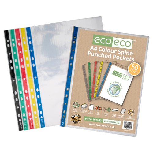 A4 100% Recycled Colour Spine Multi Punched Pockets - Pack of 50, 25