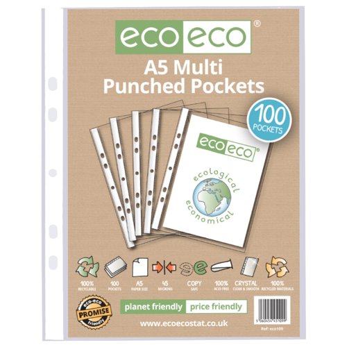 A5 100% Recycled Multi Punched Pockets - Pack of 100, 50