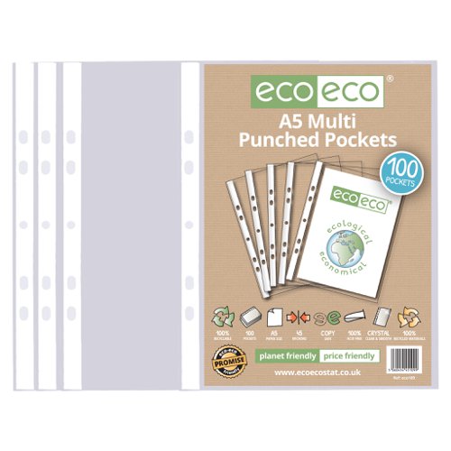 A5 100% Recycled Multi Punched Pockets - Pack of 100, 50