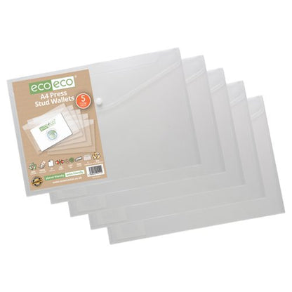 A4 50% Recycled Clear Press Stud Wallets - Pack of 5
