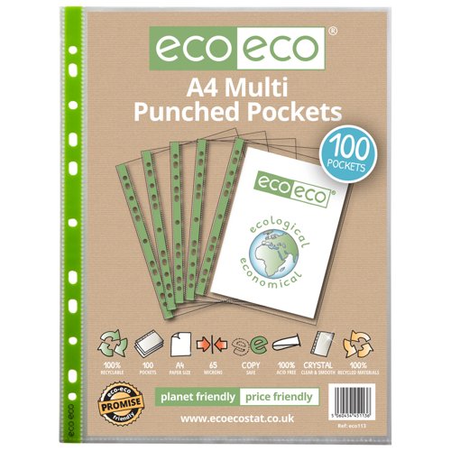 A4 100% Recycled 65 Micron Multi Punched Pockets - Pack of 100, 25, 50