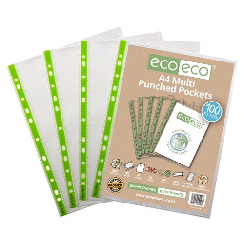 A4 100% Recycled 65 Micron Multi Punched Pockets - Pack of 100, 25, 50