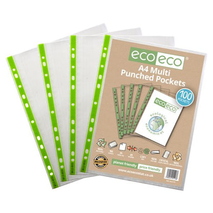 A4 100% Recycled 65 Micron Multi Punched Pockets - Pack of 100, 25, 50