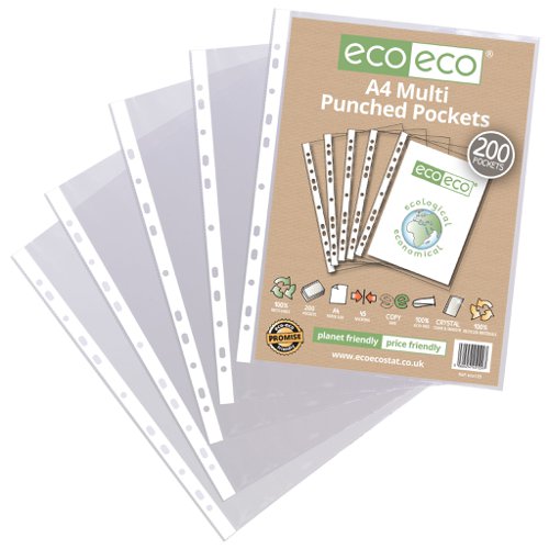 A4 100% Recycled Multi Punched Pockets - Pack of 200